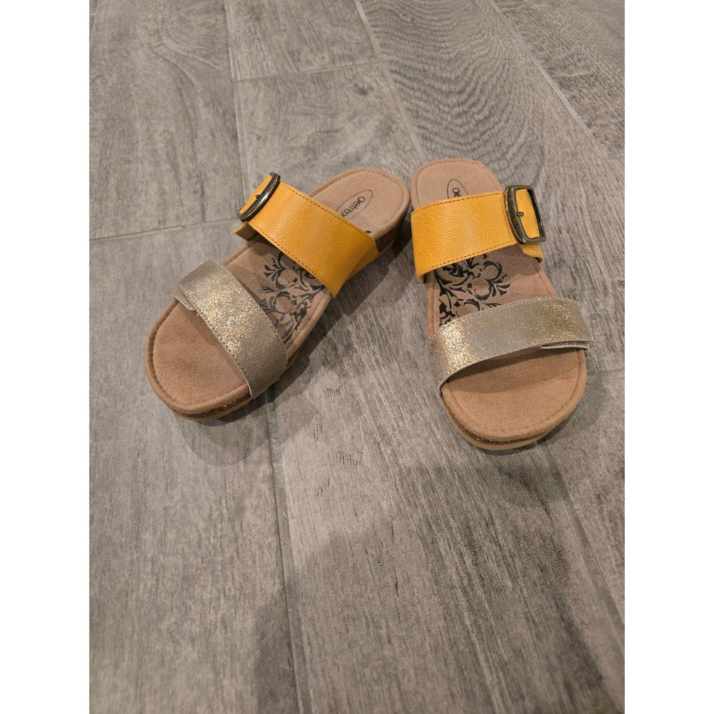 Aetrex Daisy Adjustable Slide Yellow Gold Leather Orthotic Sandals Womens 6